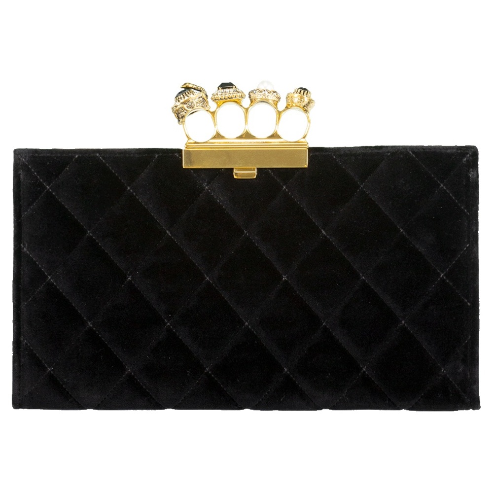 Alexander McQueen Black Quilted Velvet Knuckle-Handle Clutch with Gold Hardware